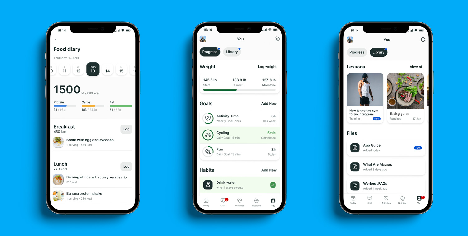 A mockup of the coaching app showcasing the different features.